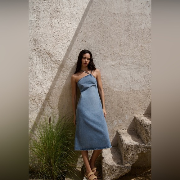 ZARA ASYMMETRIC DENIM MIDI DRESS BLUE - Picture 1 of 6